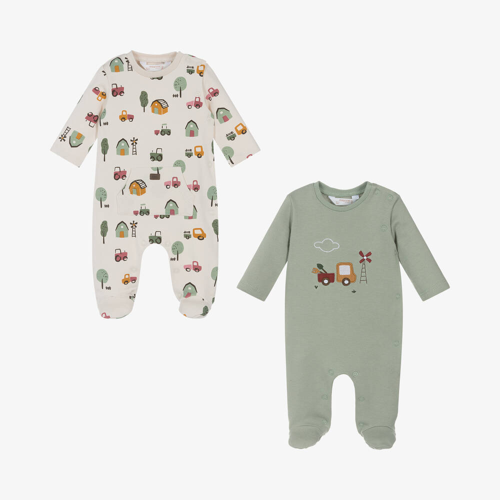 Mayoral Newborn - Green & Beige Cotton Babygrow (2 Pack) | Childrensalon