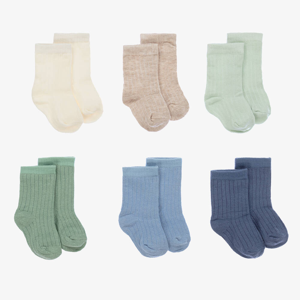 Mayoral Newborn - Green & Blue Cotton Baby Socks (6 Pack) | Childrensalon