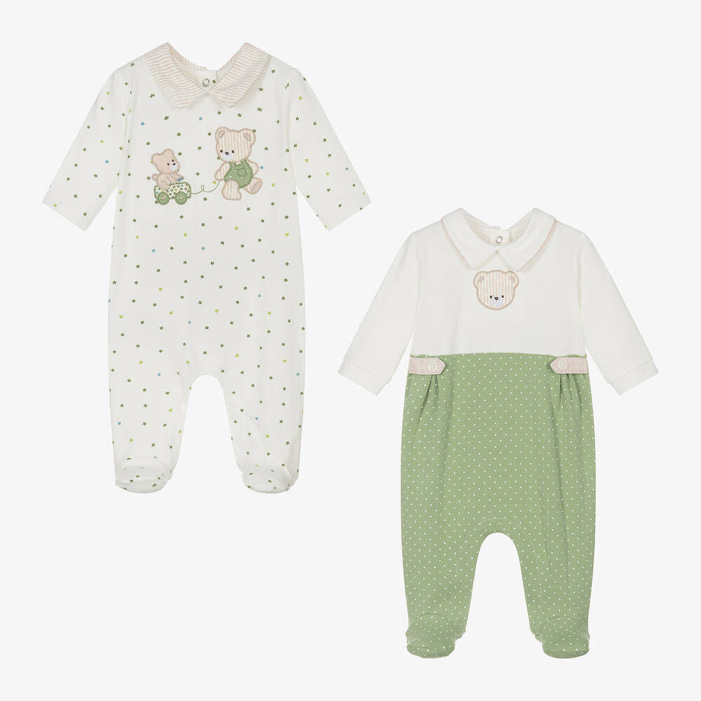 Mayoral Newborn - Green & Ivory Bear Babygrows (2 Pack) | Childrensalon
