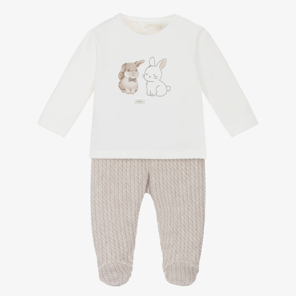 Mayoral Newborn - Ivory & Beige 2 Piece Babygrow | Childrensalon