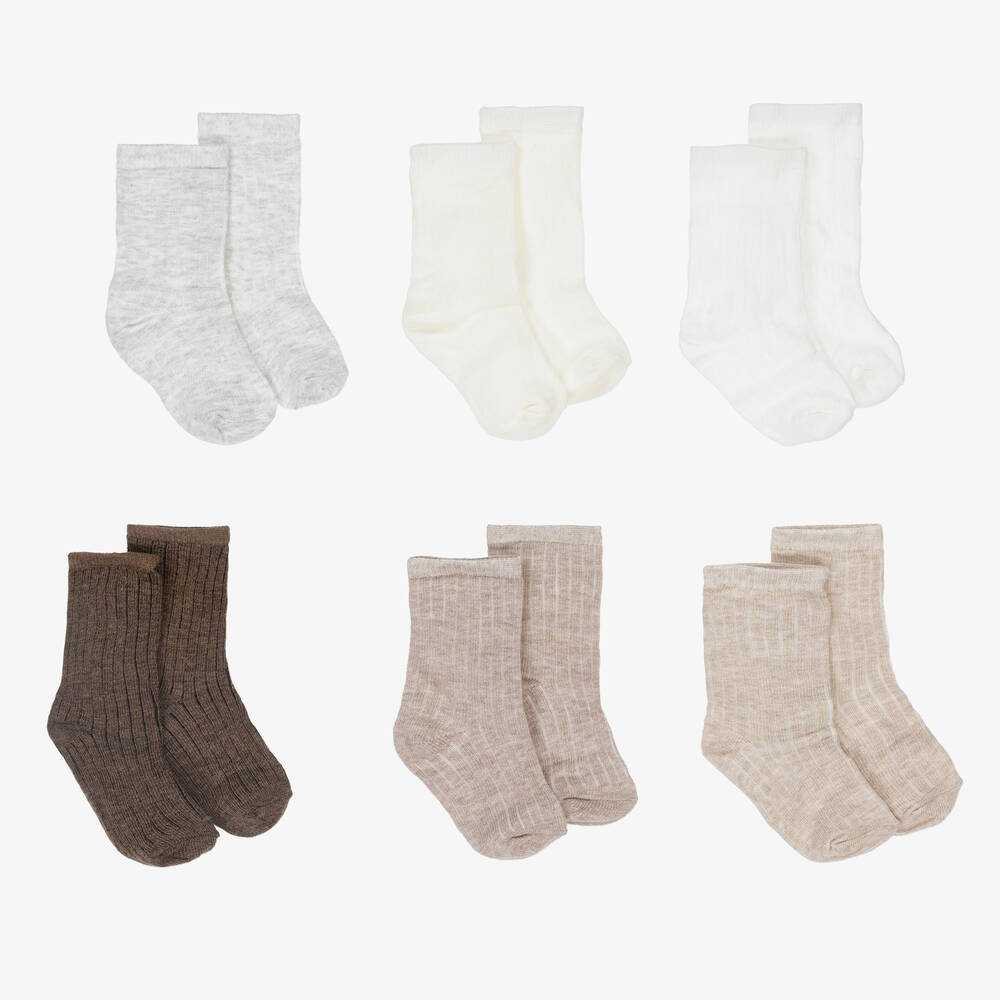 Mayoral Newborn - Ivory & Brown Cotton Baby Socks (6 Pack) | Childrensalon