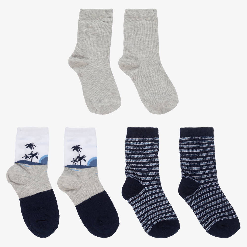 Mayoral - Teen Boys Grey & Blue Socks (3 Pack) | Childrensalon