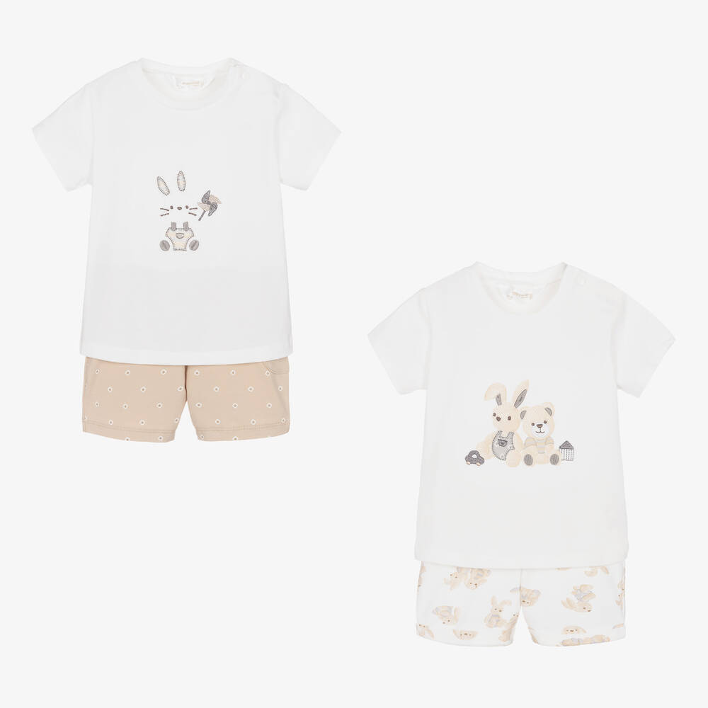 Mayoral Newborn - White & Beige Cotton Baby Shorts Set | Childrensalon