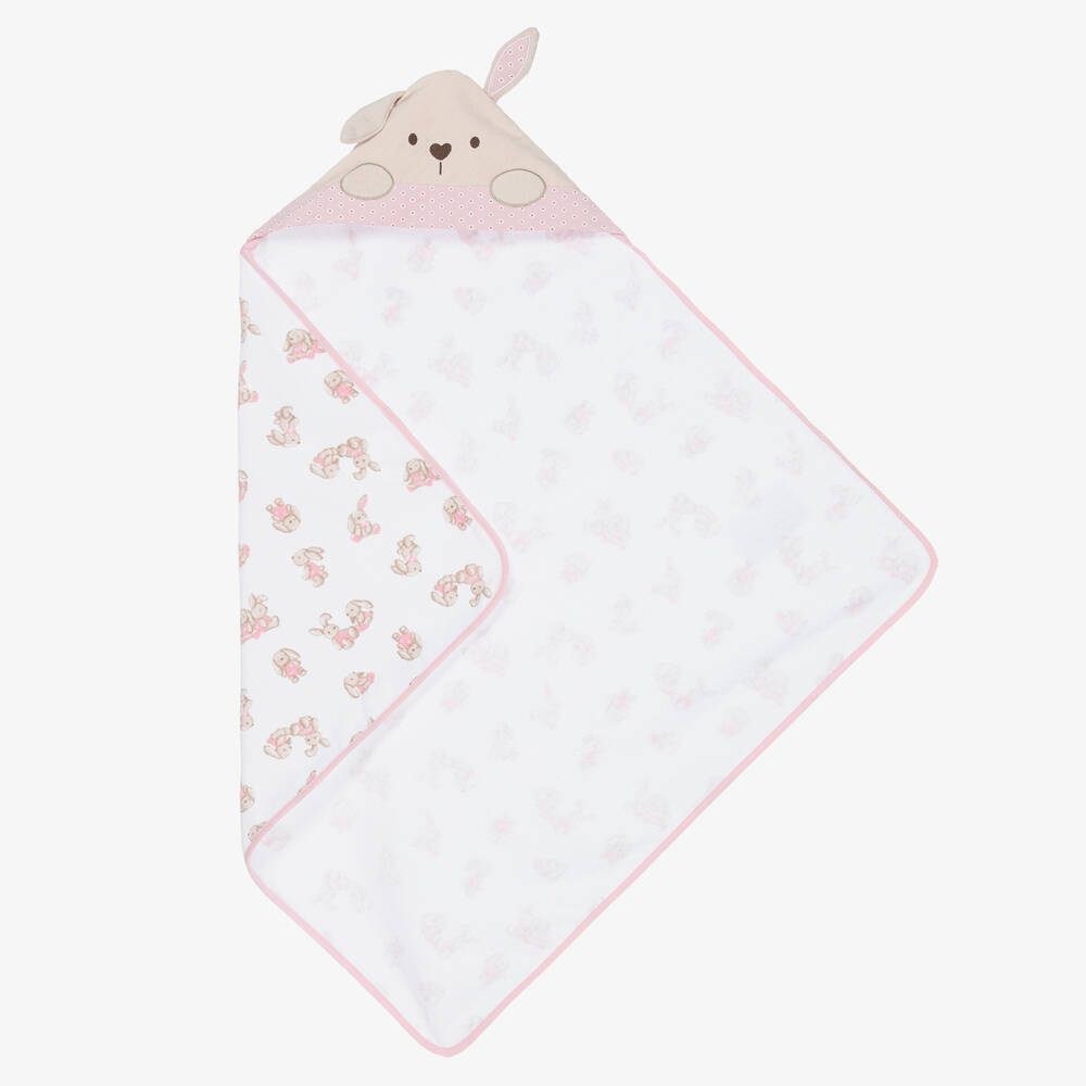 Mayoral - White & Pink Hooded Baby Towel (85cm) | Childrensalon