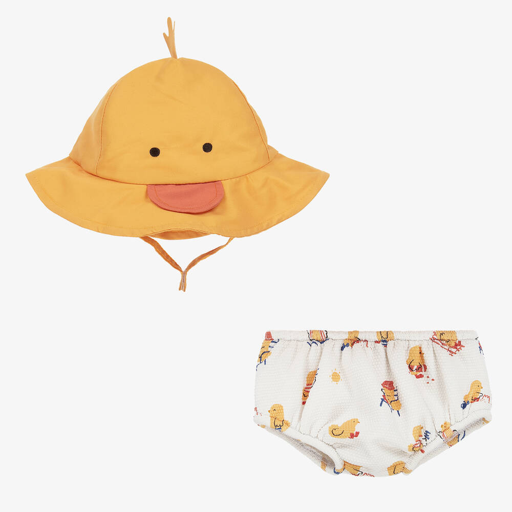 Mayoral Newborn -  سروال سباحة وقبعة للشمس لون أصفر وعاجى للأولاد (UPF40+) | Childrensalon
