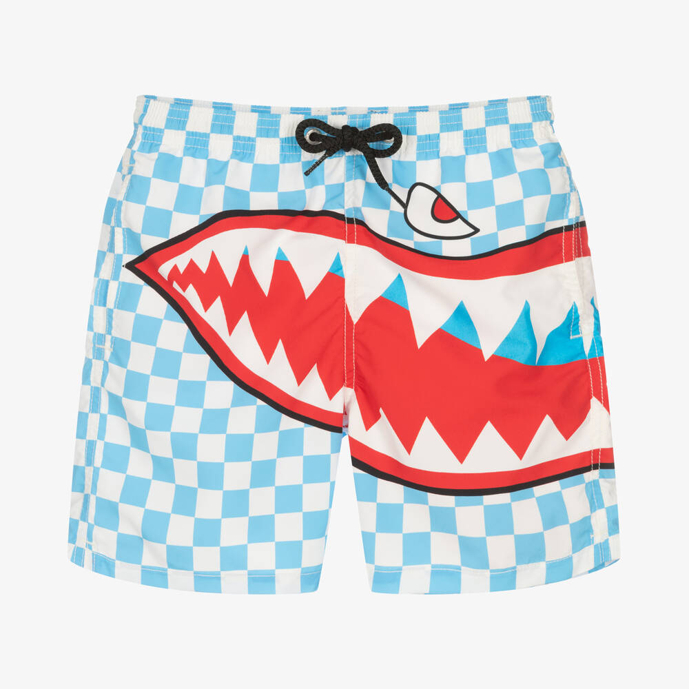 MC2 Saint Barth - Boys Blue Check Shark Print Swim Shorts | Childrensalon