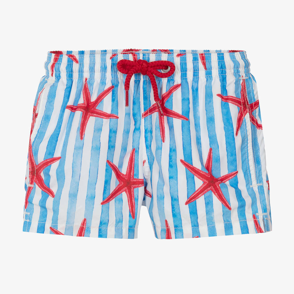 MC2 Saint Barth - Boys Blue Stripe Starfish Print Swim Shorts | Childrensalon