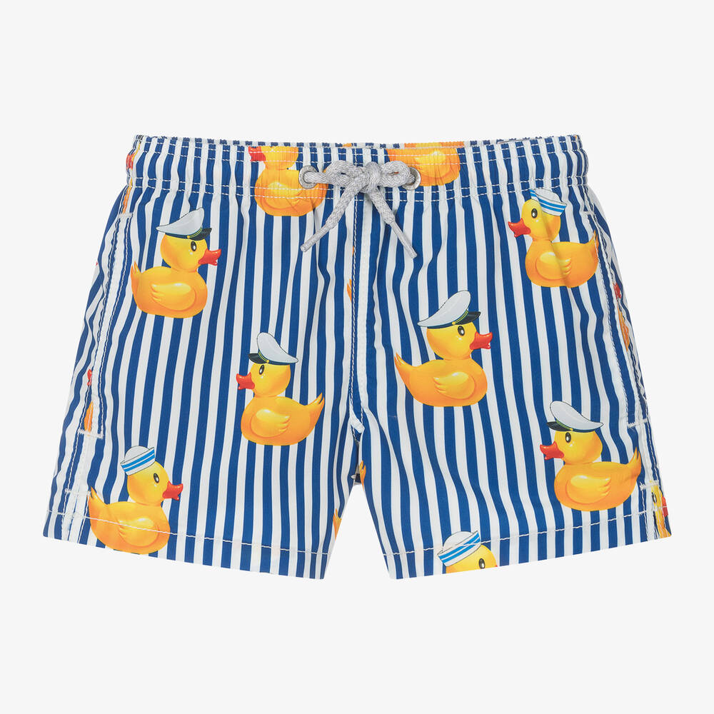 MC2 Saint Barth - Boys Blue Striped Duck Print Swim Shorts | Childrensalon
