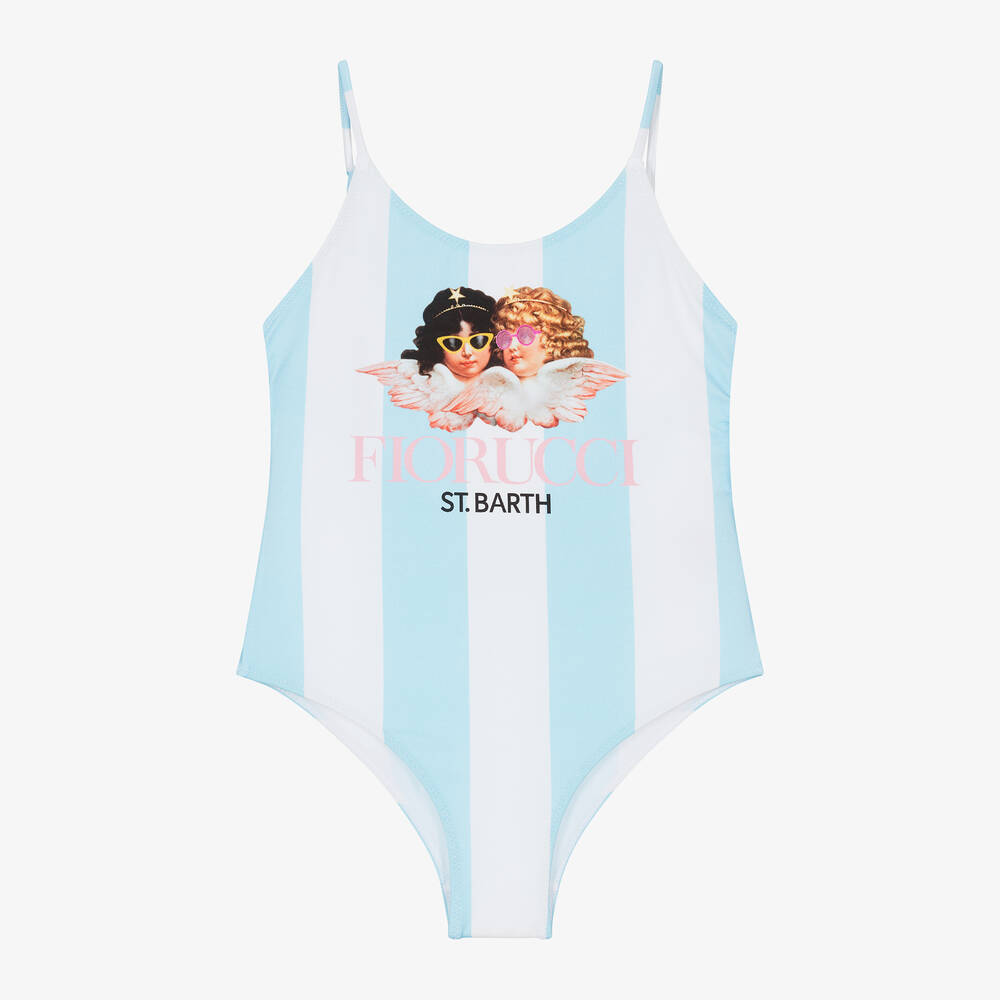 Shop Mc2 Saint Barth Girls Blue Striped Fiorucci Swimsuit