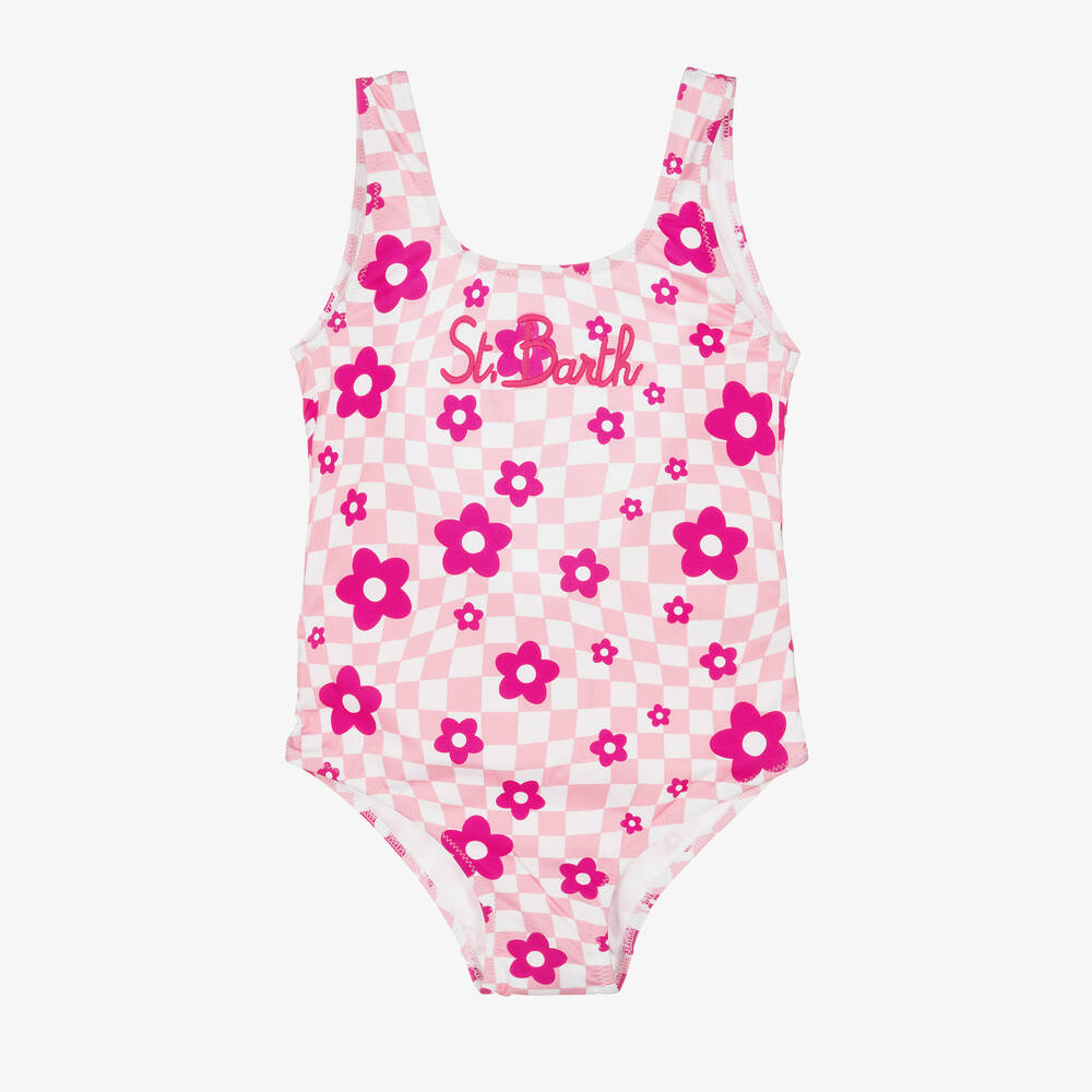 MC2 Saint Barth - Girls Pink Daisy Check Logo Swimsuit | Childrensalon
