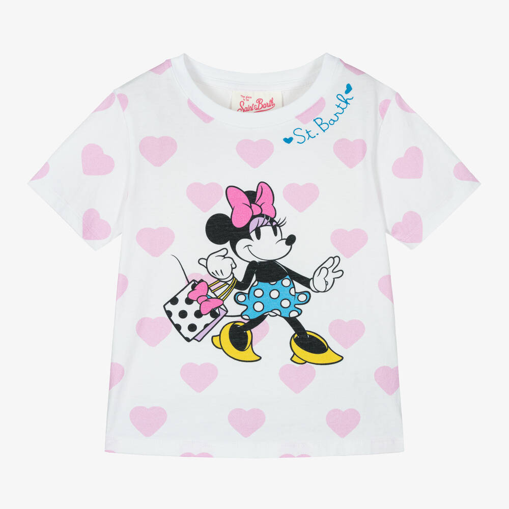 MC2 Saint Barth - Белая хлопковая футболка с сердечками Disney для девочек | Childrensalon
