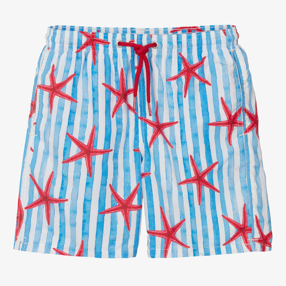 MC2 Saint Barth - Teen Boys Blue Stripe Starfish Print Swim Shorts | Childrensalon
