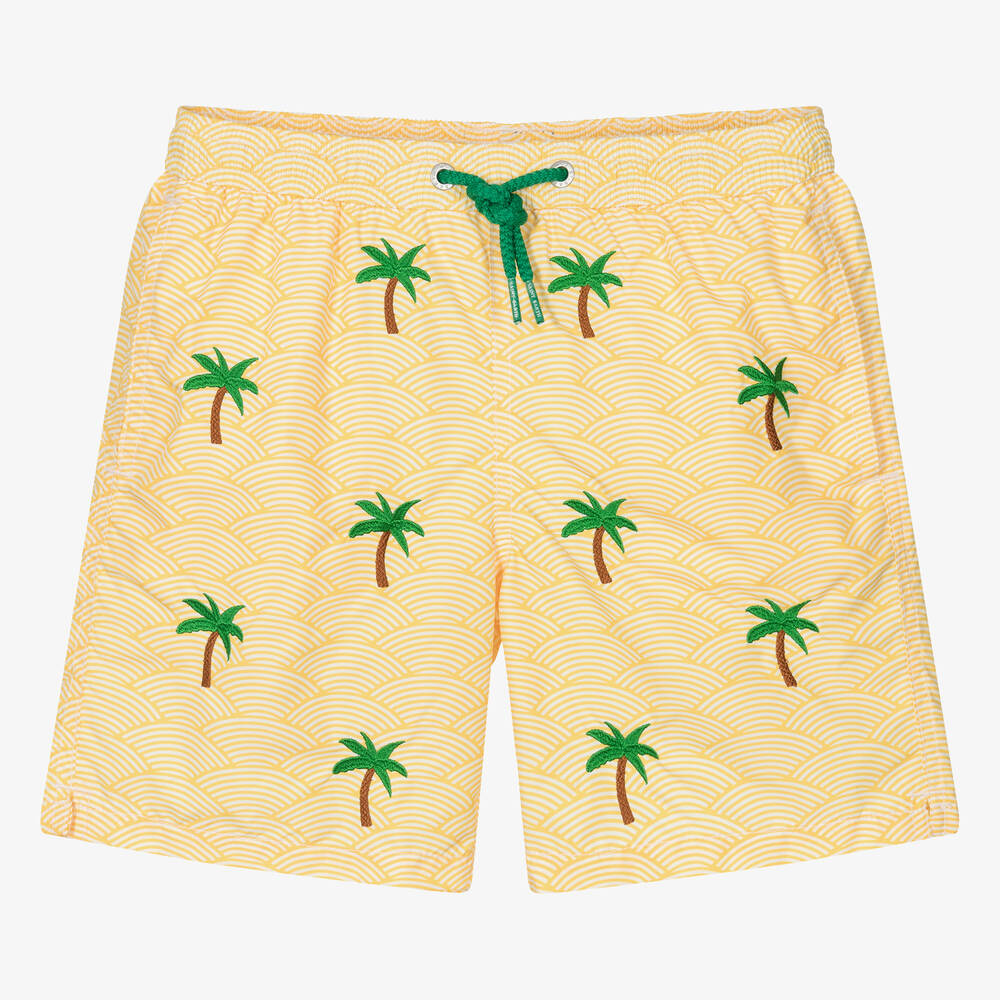 Shop Mc2 Saint Barth Teen Boys Yellow Palm Tree Swim Shorts