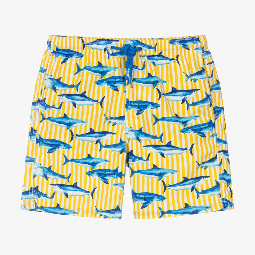 Shop Mc2 Saint Barth Teen Boys Yellow Stripe Shark Swim Shorts