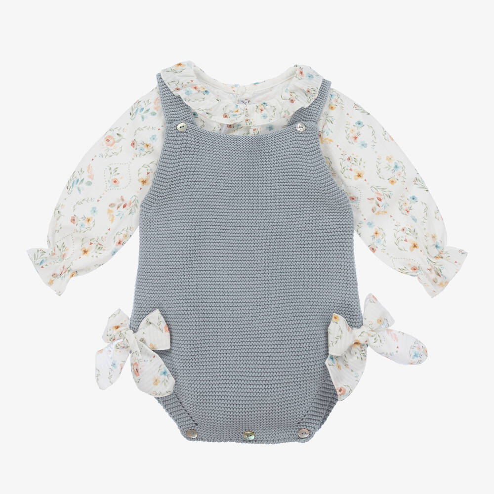 Mebi - Baby Girls Blue Cotton Knit Shortie Set | Childrensalon