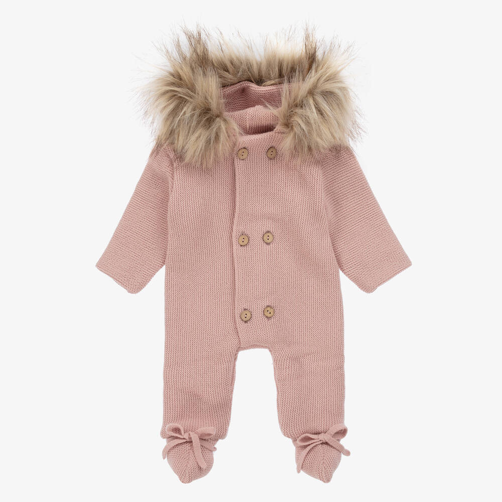 Mebi - Baby Girls Pink Knitted Pramsuit | Childrensalon