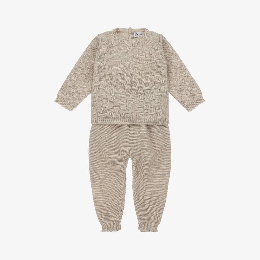 Mebi - Beige Knitted 2 Piece Babygrow | Childrensalon