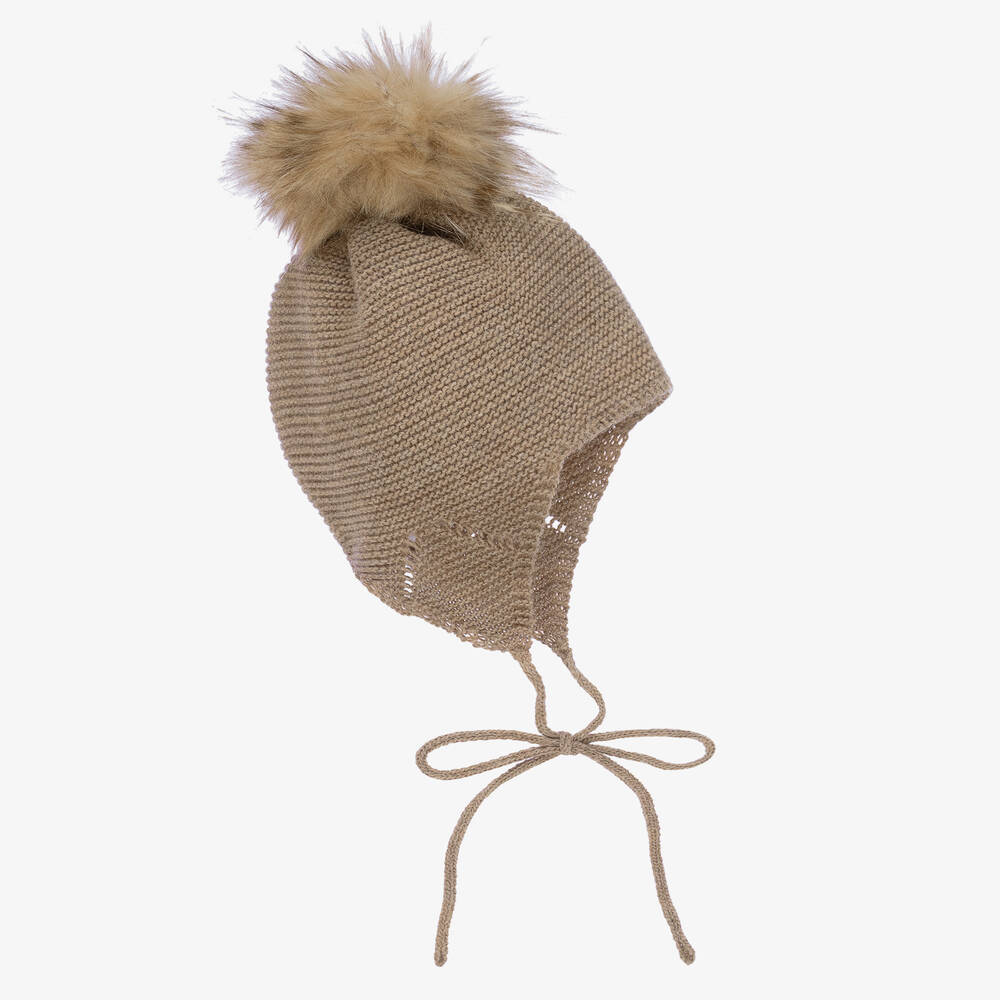 Mebi - Beige Knitted Wool & Alpaca Pom-Pom Hat | Childrensalon