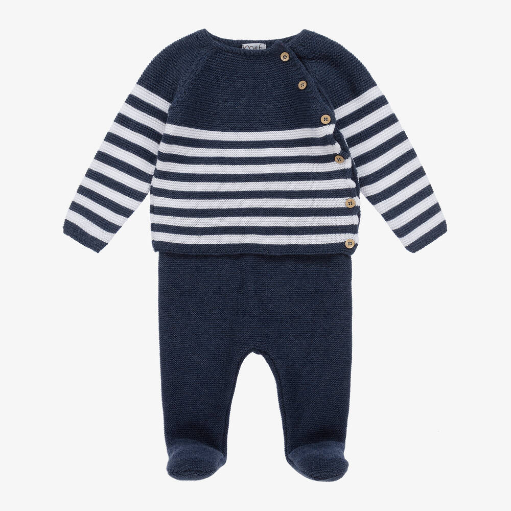 Mebi - Boys Blue Cotton Knit 2 Piece Babygrow | Childrensalon