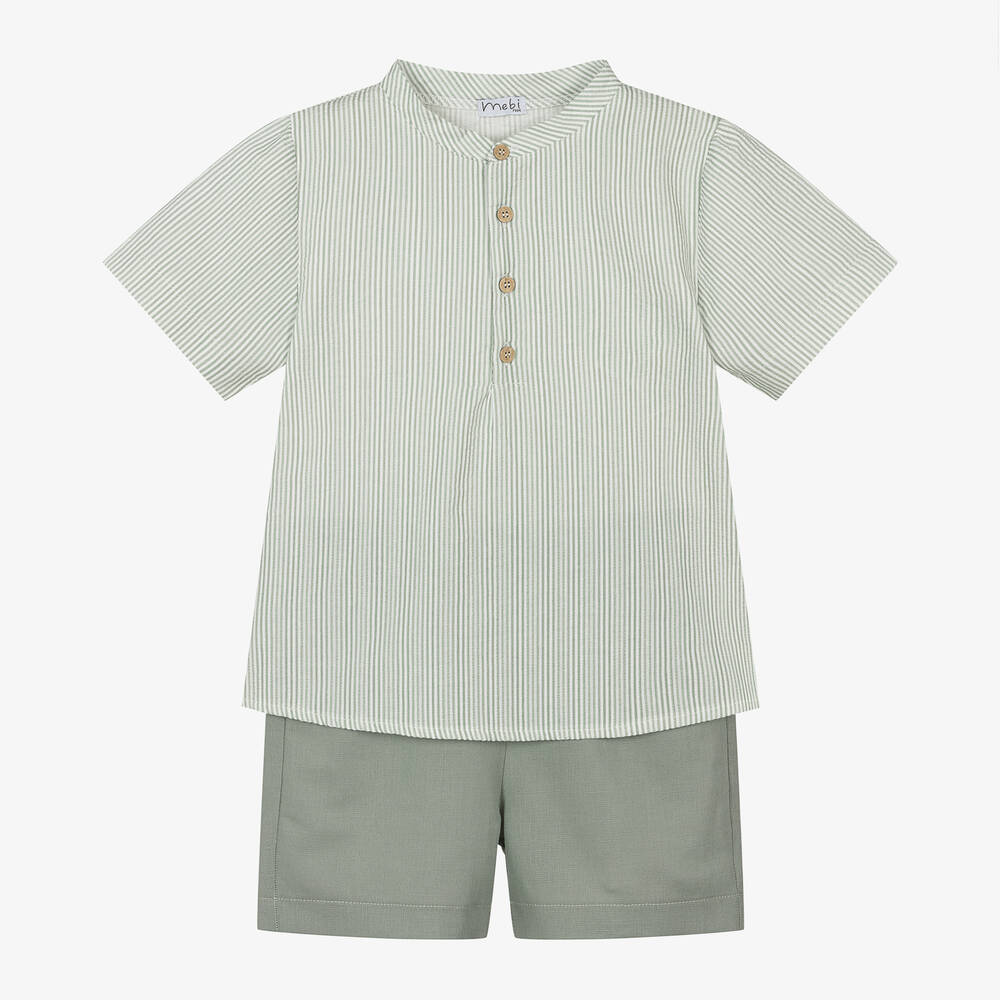 Mebi - Boys Green Cotton & Linen Shorts Set | Childrensalon