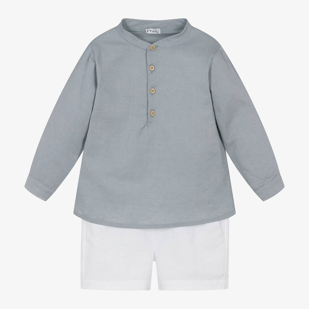 Mebi - Boys Grey Cotton & Linen Shorts Set | Childrensalon