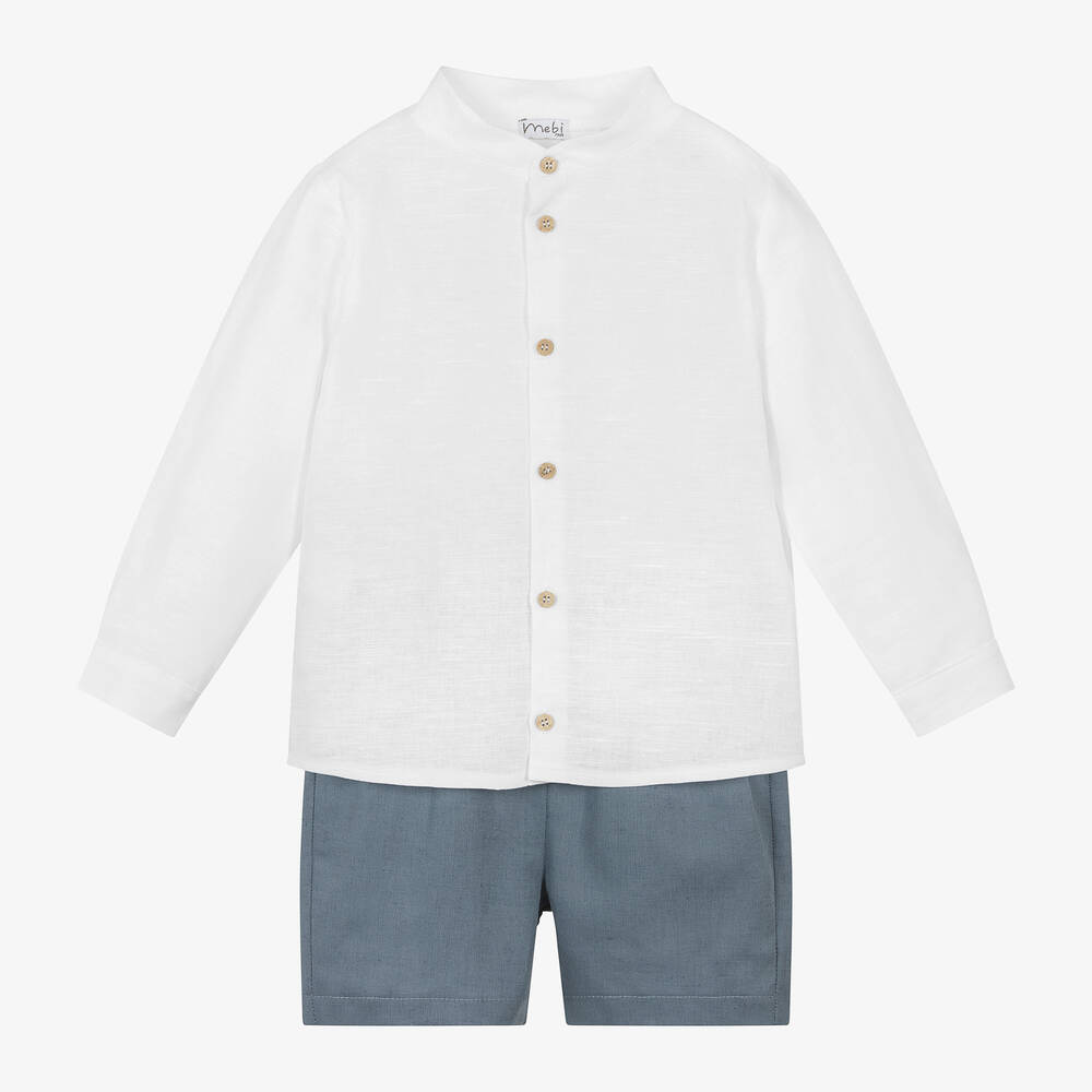 Mebi - Boys White Cotton & Linen Shorts Set | Childrensalon