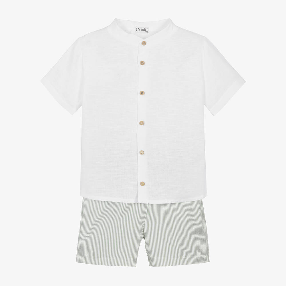 Mebi - Белая рубашка и шорты в зеленую полоску для мальчиков | Childrensalon