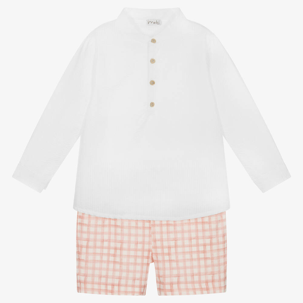 Mebi Babies' Boys White & Pink Check Shorts Set