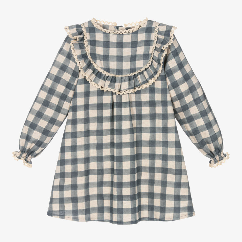 Mebi - Girls Blue Check Cotton Dress | Childrensalon