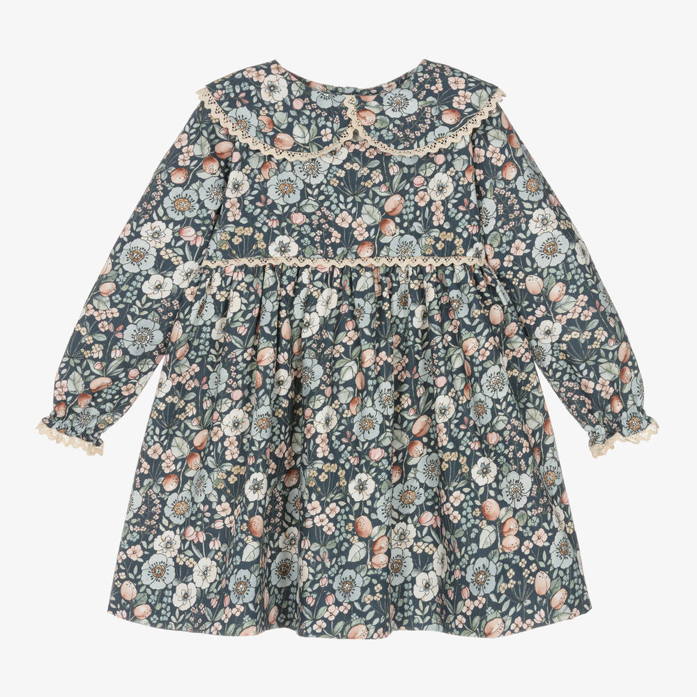 Mebi - Girls Blue Cotton Floral Dress | Childrensalon