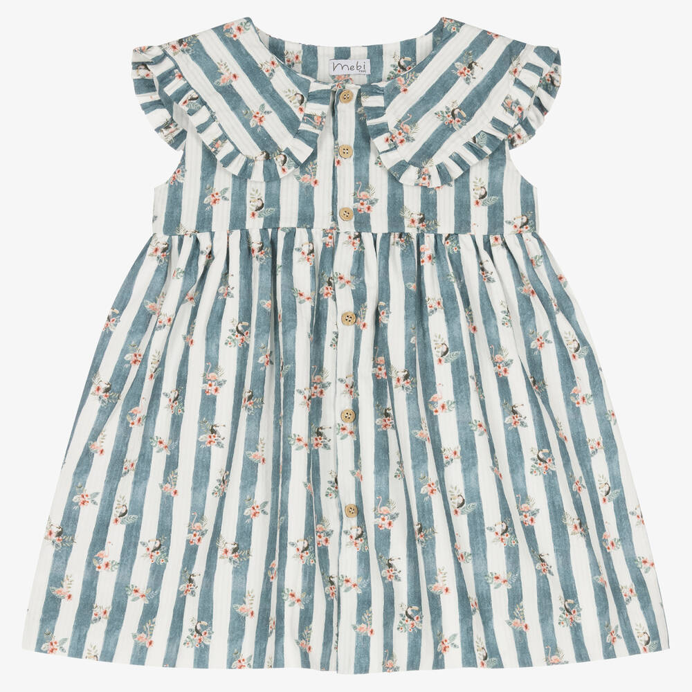 Mebi Babies' Girls Blue Stripe Floral Frill Collar Dress