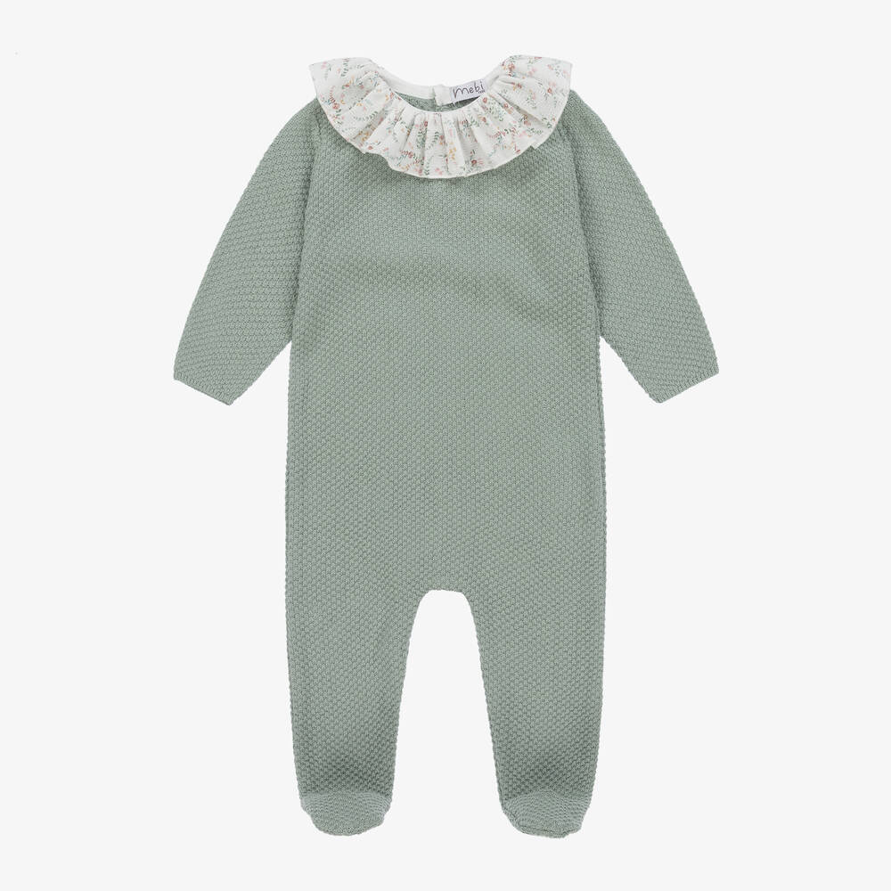 Mebi - Girls Green Cotton Knit Babygrow | Childrensalon