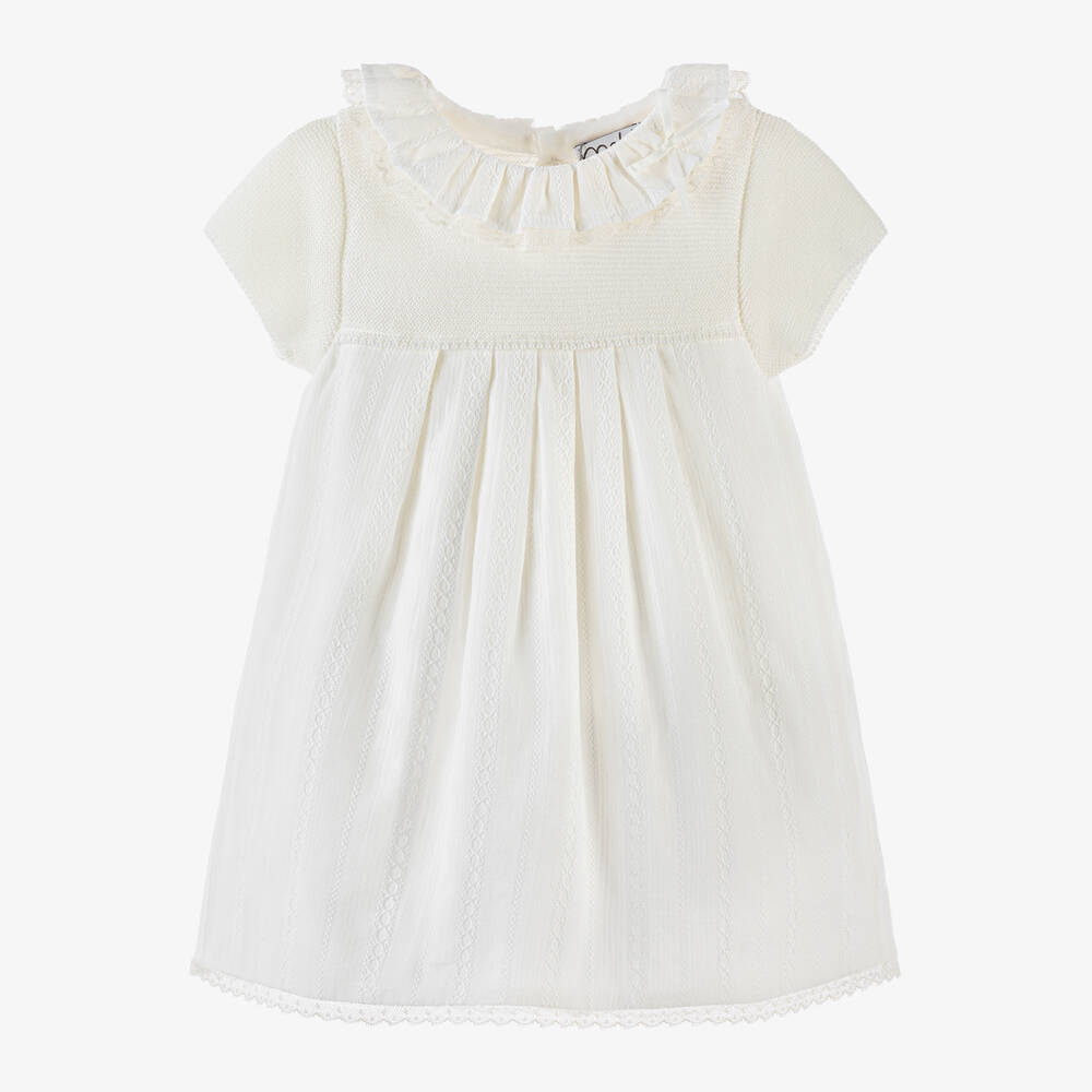 Mebi - Girls Ivory Cotton Frill Collar Dress | Childrensalon