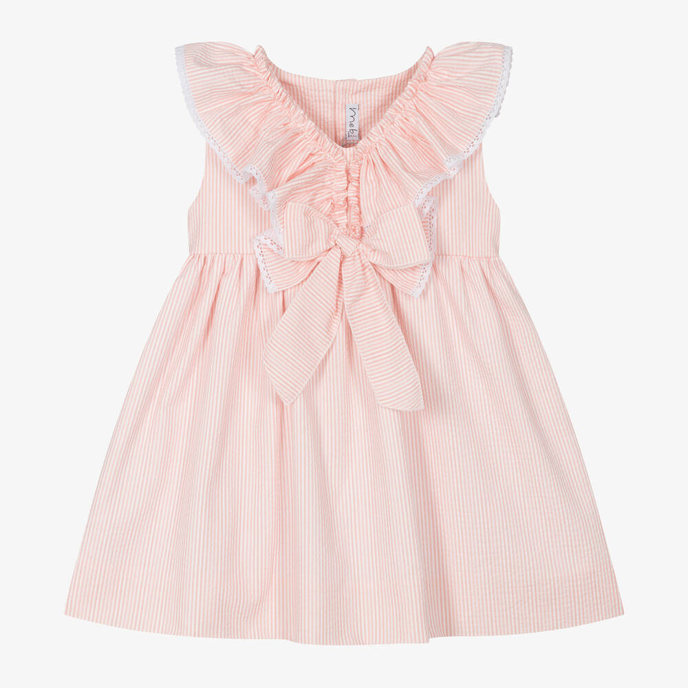 Mebi - Girls Pink Striped Cotton Ruffle Dress | Childrensalon