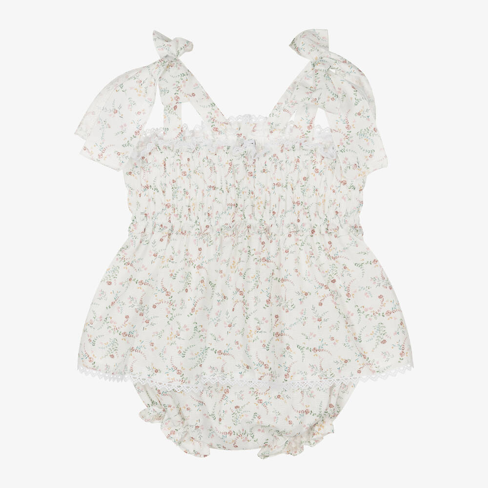 Mebi Babies' Girls White Cotton Floral Shorts Set