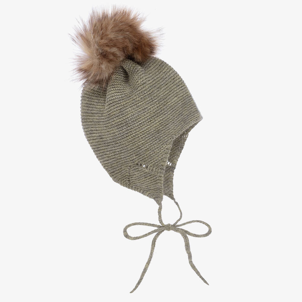 Mebi - Green Wool Knit Pom-Pom Hat | Childrensalon