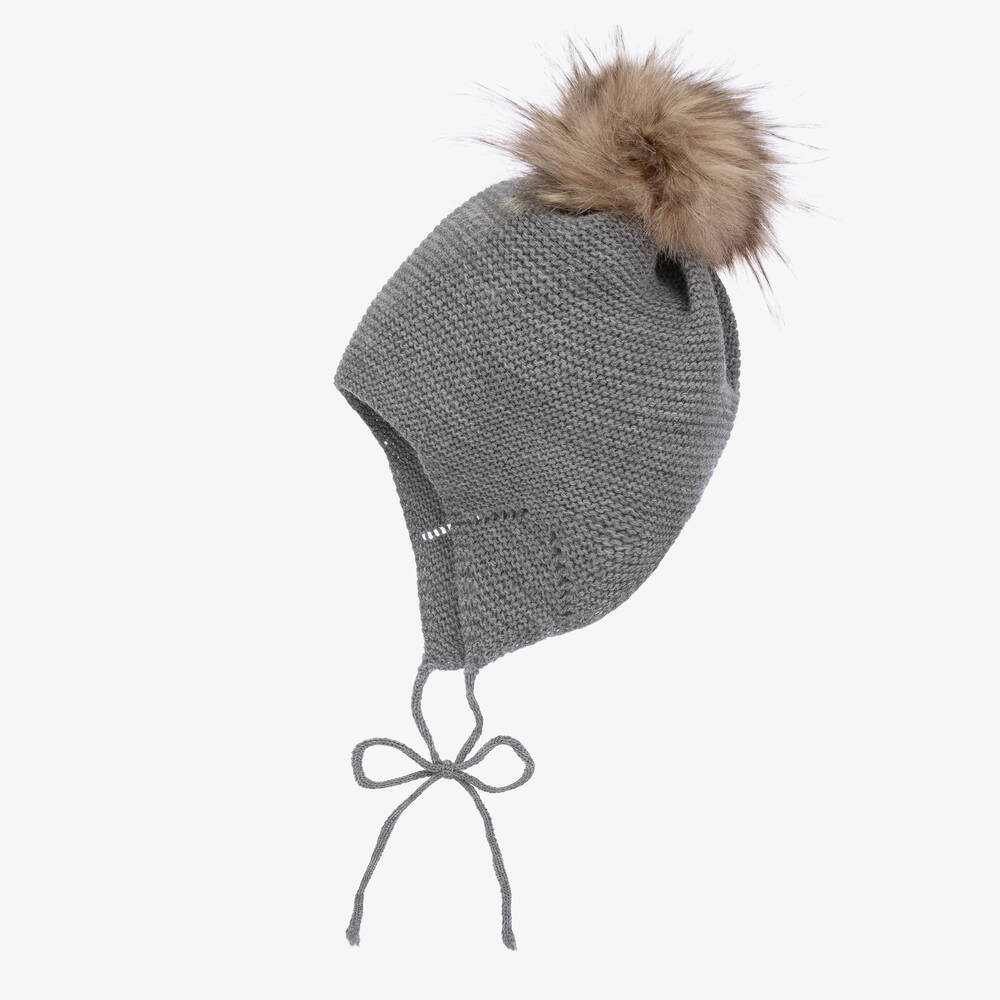 Mebi - Grey Knitted Pom-Pom Hat | Childrensalon