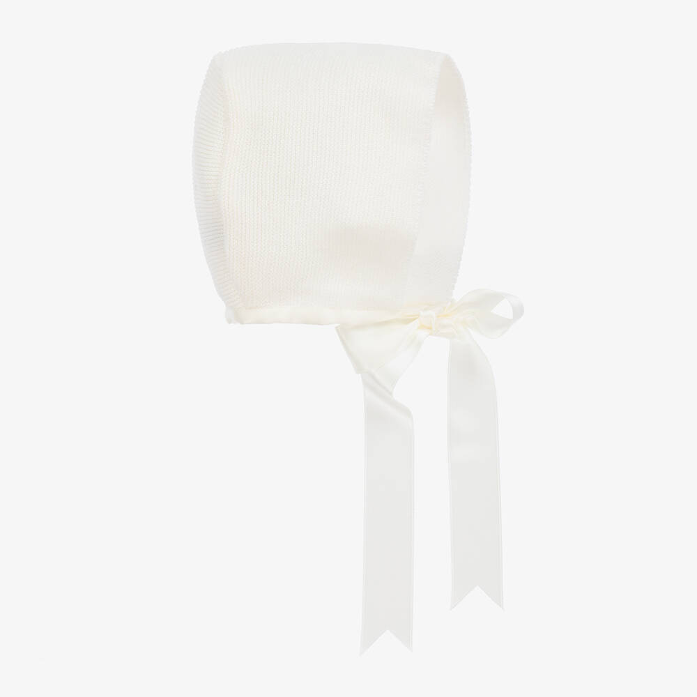 Mebi - Ivory Knitted Cotton Baby Bonnet | Childrensalon