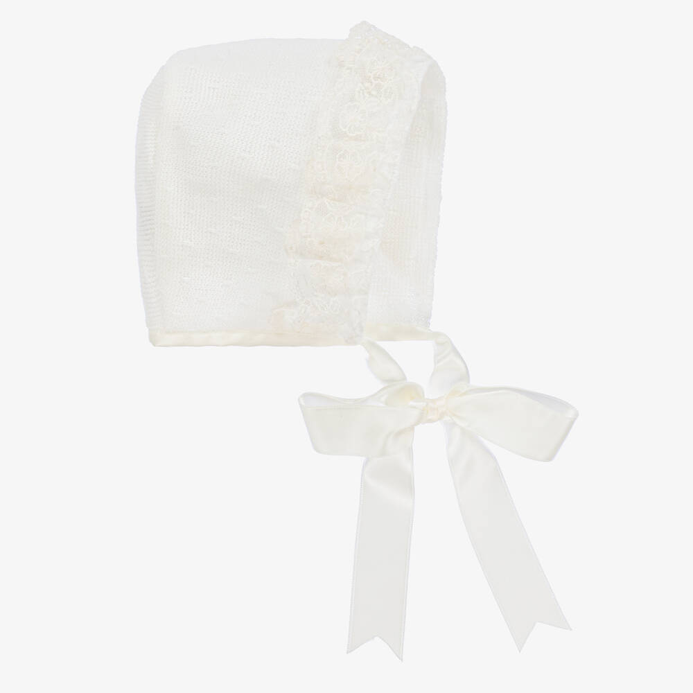 Mebi - Ivory Knitted Cotton Lace Baby Bonnet | Childrensalon