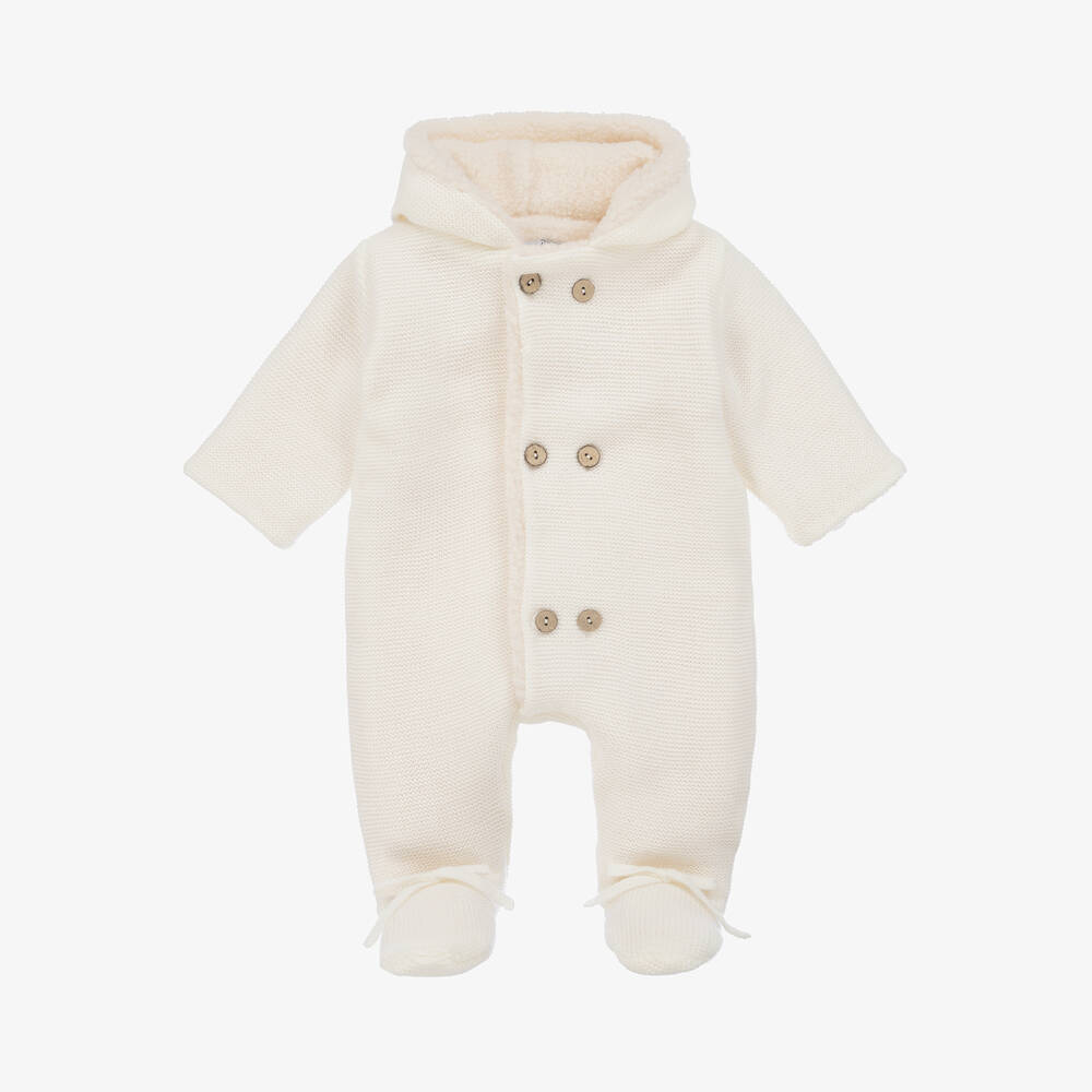 Mebi - Ivory Knitted Sherpa Pramsuit | Childrensalon