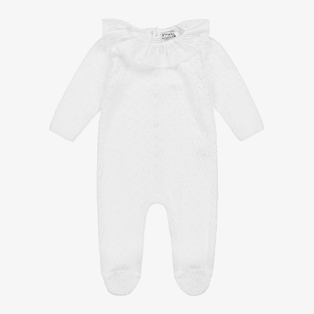 Mebi - White Cotton Knit Ruffle Babygrow | Childrensalon