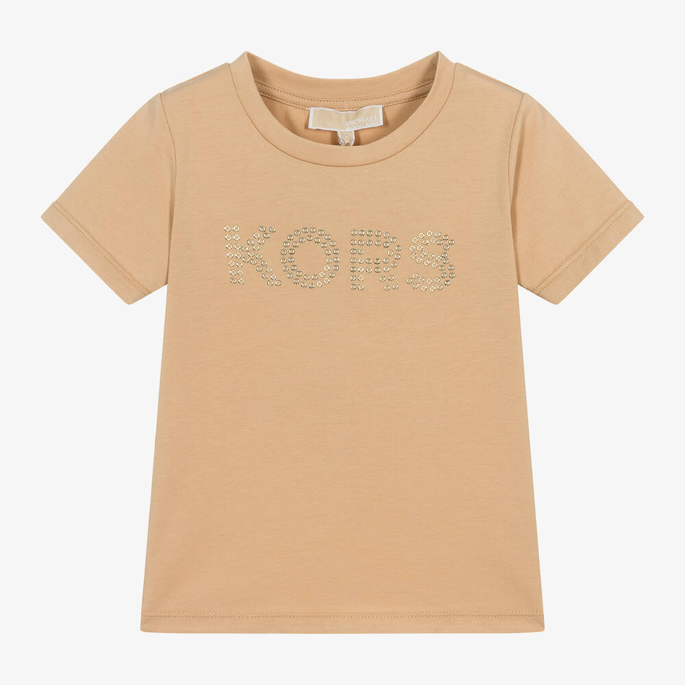 Michael Kors Kids - Girls Beige Studded Organic Cotton T-Shirt | Childrensalon
