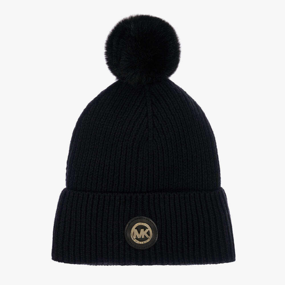 Michael Kors Kids - Girls Black Cotton & Wool Pom-Pom Hat | Childrensalon