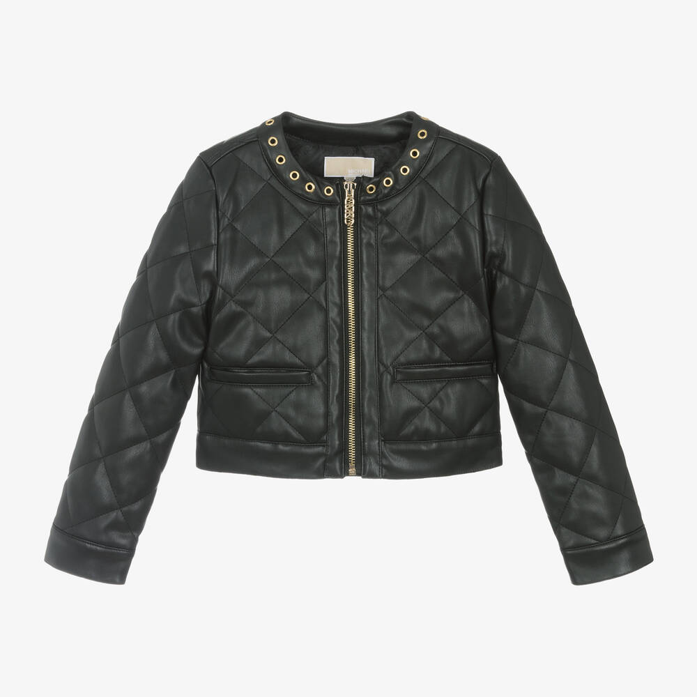 Michael Kors Kids - Girls Black Faux Leather Quilted Jacket | Childrensalon