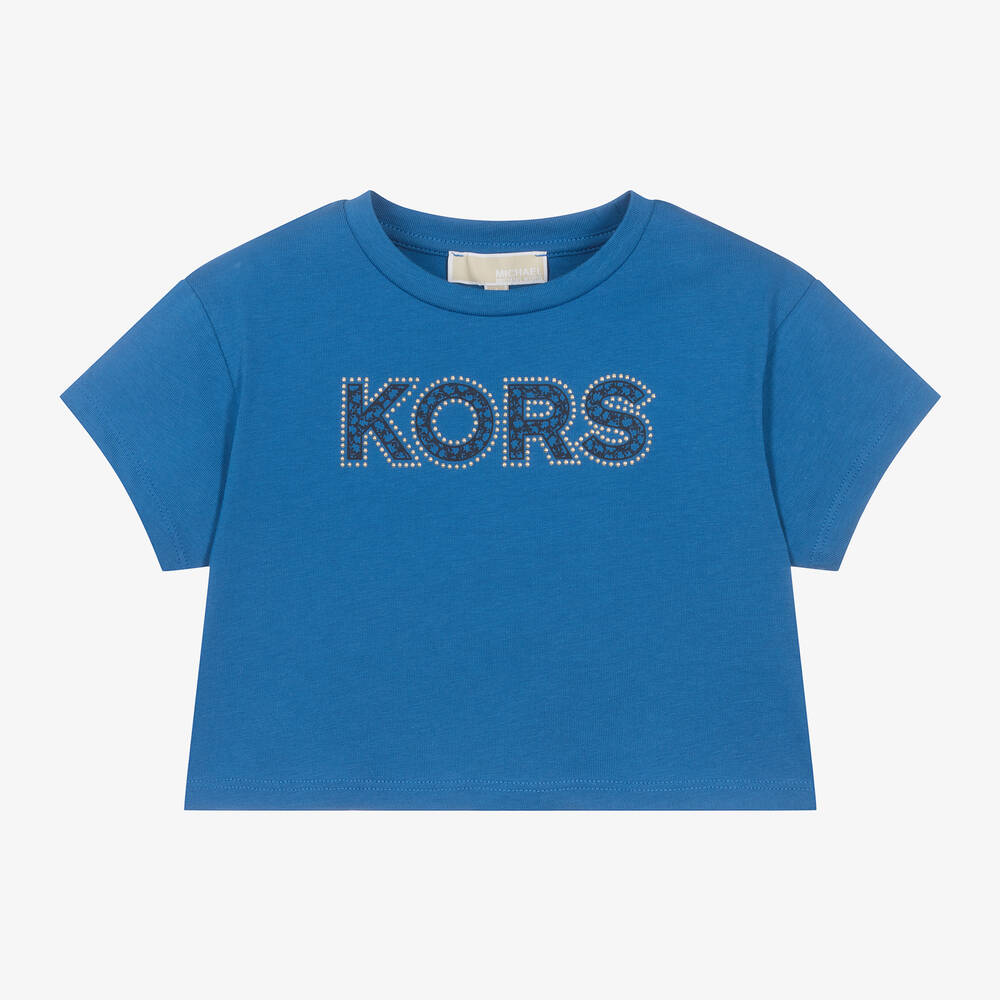 Michael Kors Kids - تيشيرت كروب قطن عضوي جيرسي لون أزرق للبنات | Childrensalon