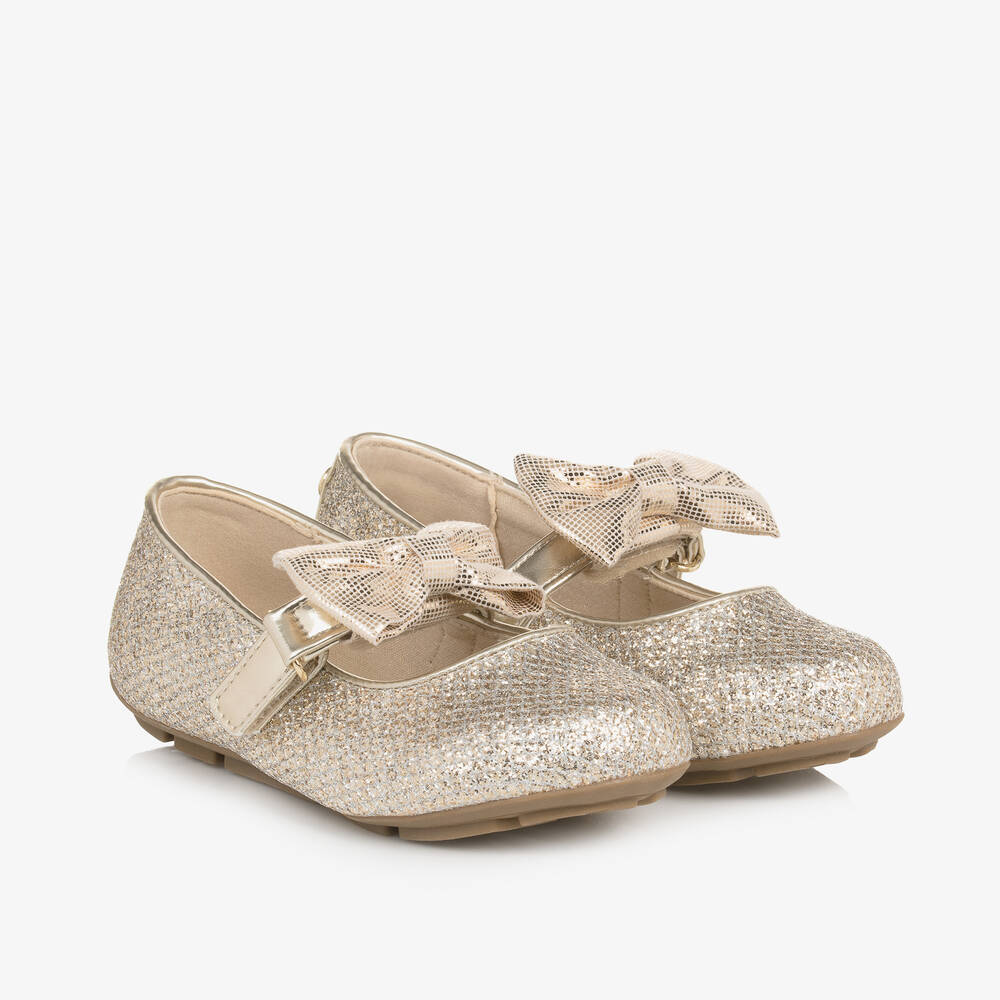 Michael Kors Kids - Girls Glittery Gold Bow Ballet Pumps | Childrensalon