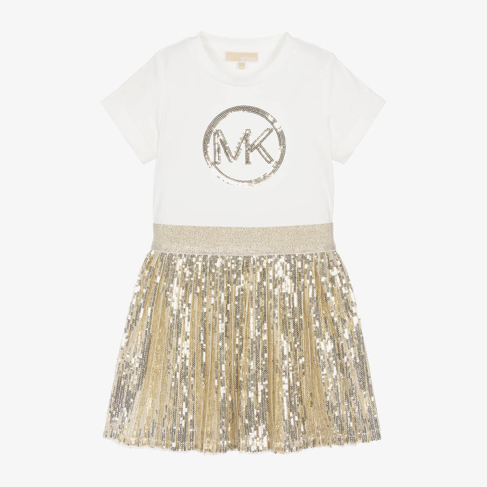Michael Kors Kids - فستان قطن وتول لون أبيض وذهبي مزين بترتر | Childrensalon