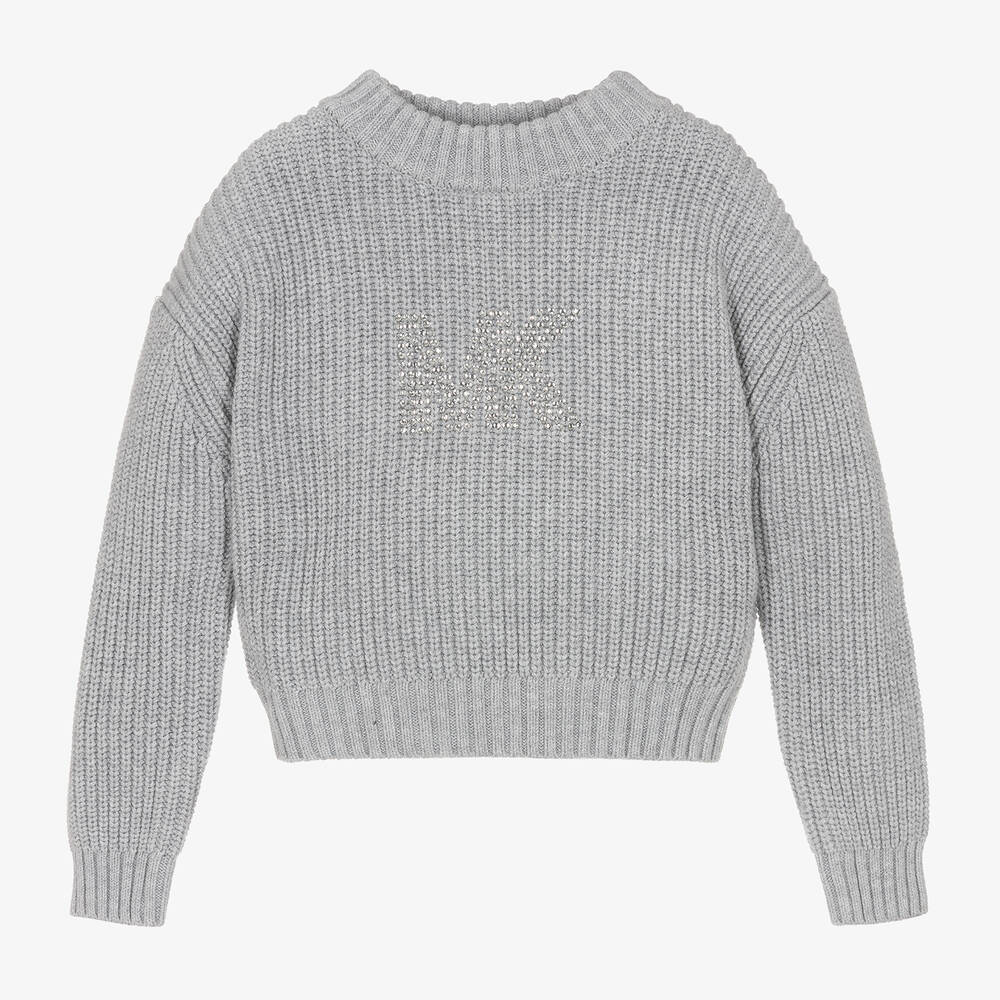 Michael Kors Kids - Girls Grey Cotton & Wool Diamanté Sweater | Childrensalon