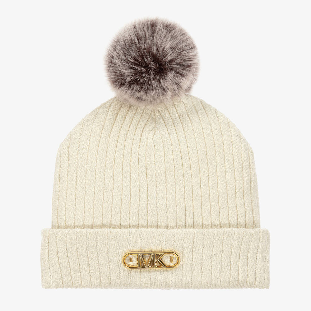 Michael Kors Kids - Girls Ivory Cotton & Wool Pom-Pom Hat | Childrensalon