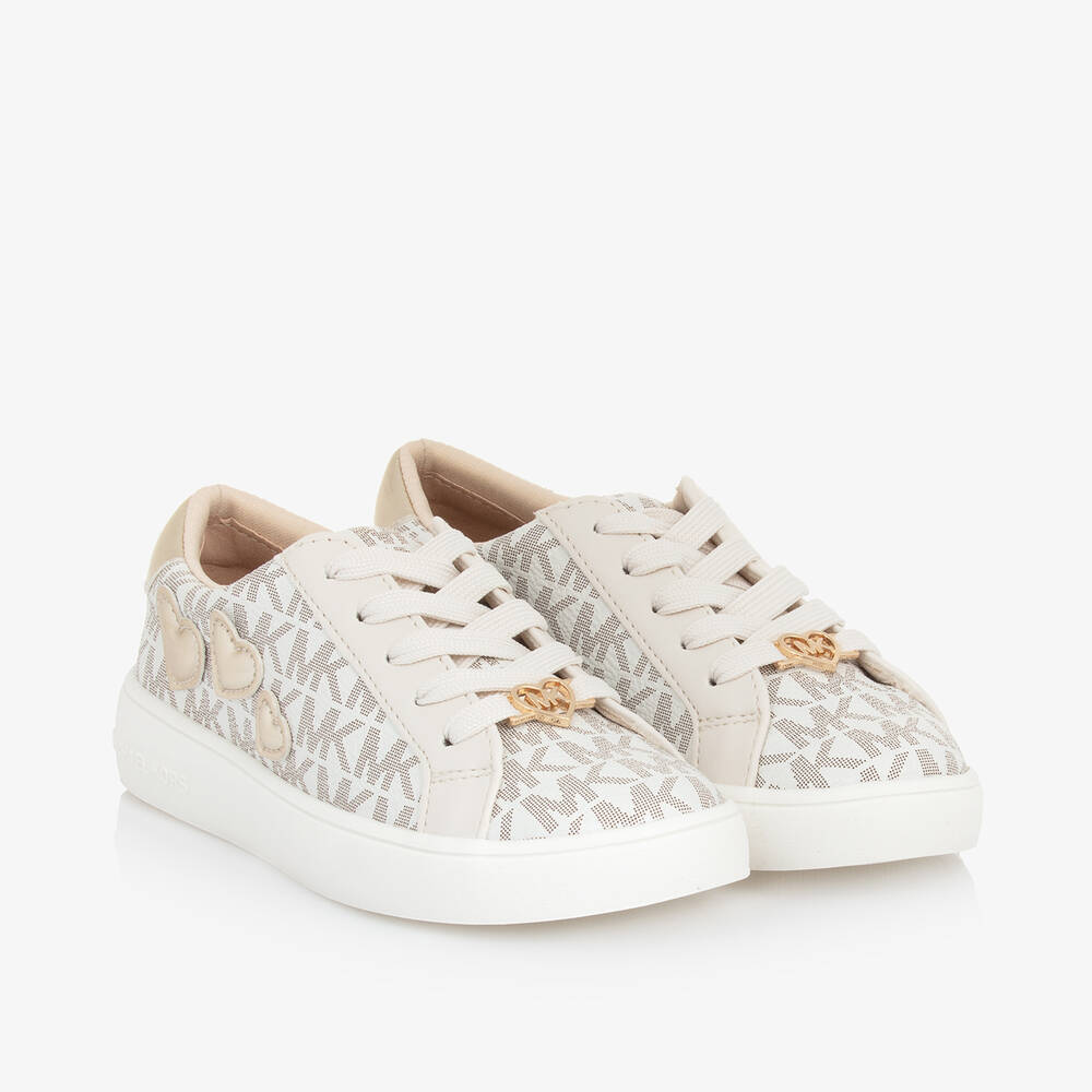 Michael Kors Kids - Girls Ivory Faux Leather Monogram Trainers | Childrensalon